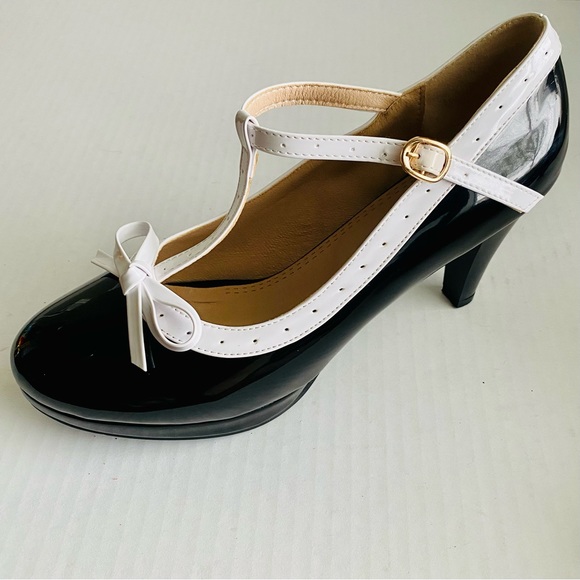 Women T-Strap High Heels Bow Platform Round Toe Pumps Leather Summer Sweet Shoes - Picture 2 of 10